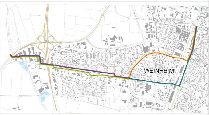 Übersicht zu den Varianten Darstellung der Weinheimer Weststadt mit unterschiedlichen Verläufen für die Radschnellverbindung