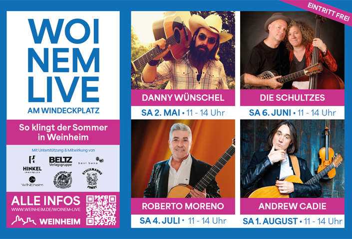 Veranstaltungsplakat der Konzertreihe Woinem Live mit Terminen und Künstlern