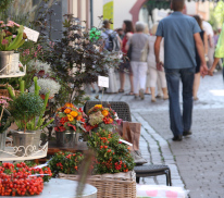 Personen laufen im Hintergrund die Fußgängerzone entlang, am Rand sind Blumen ausgestellt.